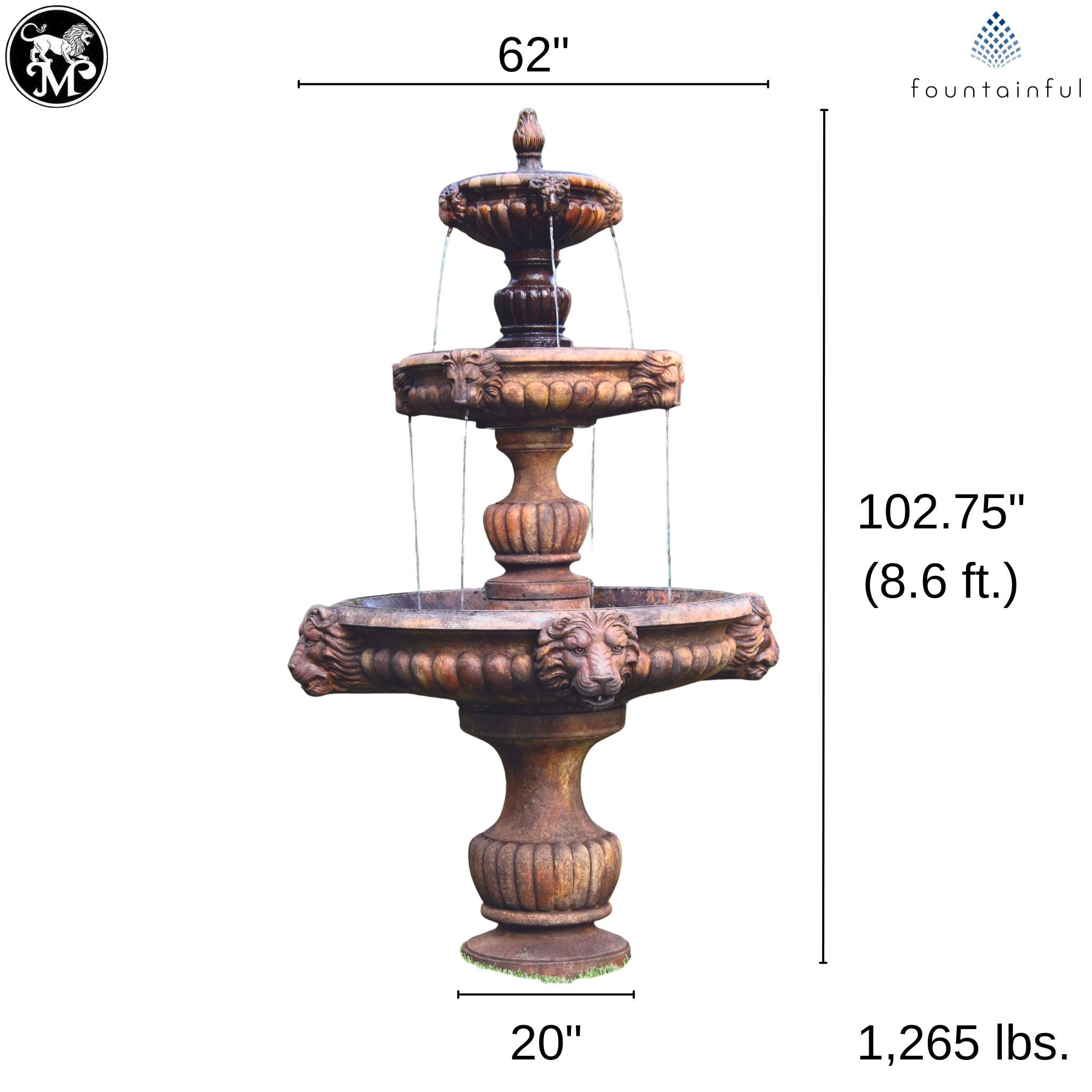 Grandessa Lion Head 3-Tier Concrete Fountain - Massarellis #3788