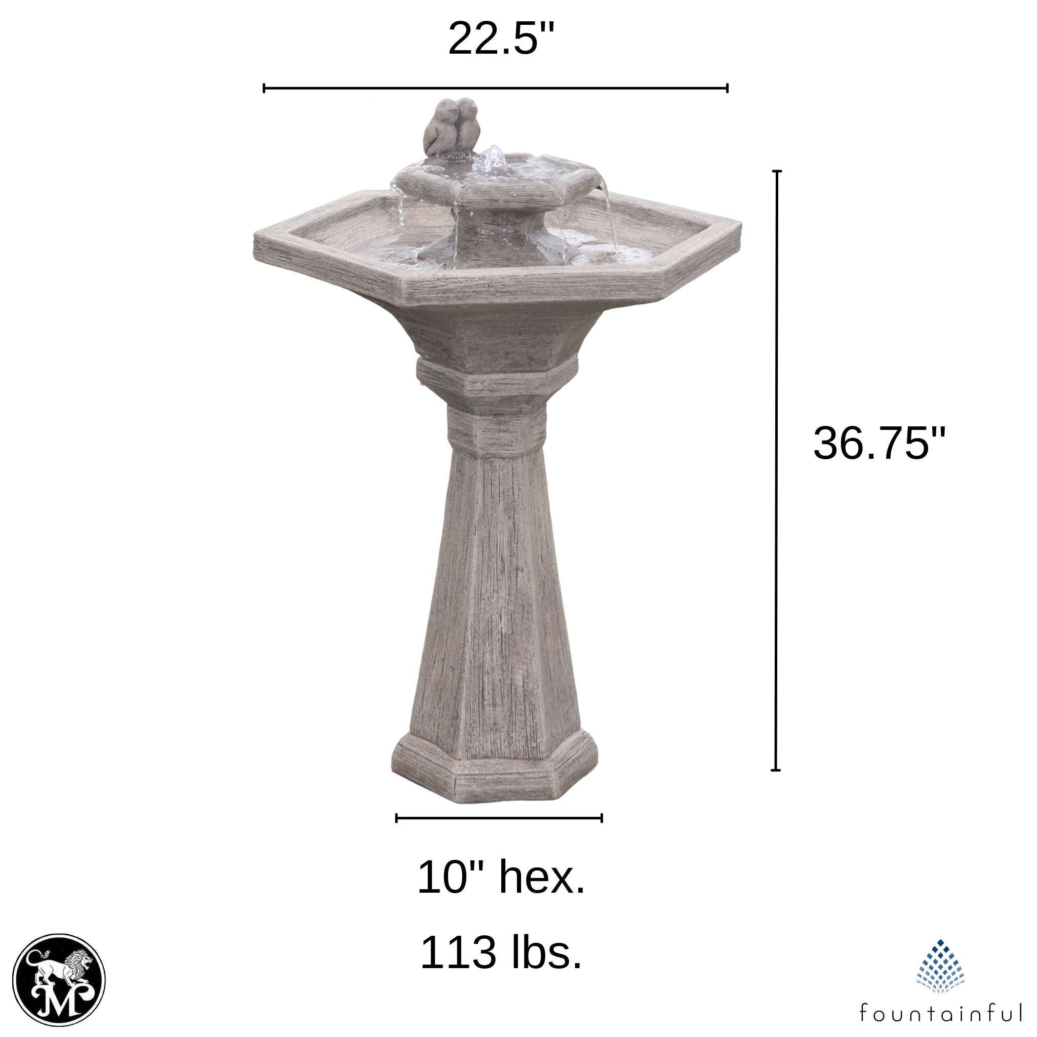 Chelsea Bird 2-Tier Hexagon Concrete Fountain w/Lights - Massarellis #3821