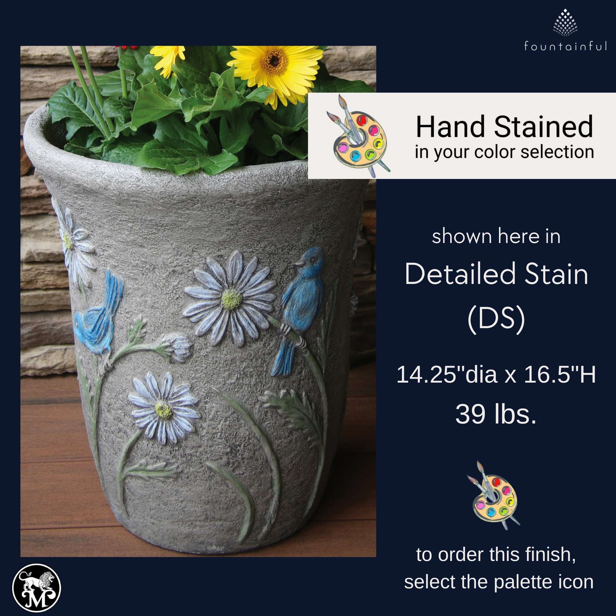 Bluebird & Flowers Concrete Planter - Massarellis #6104