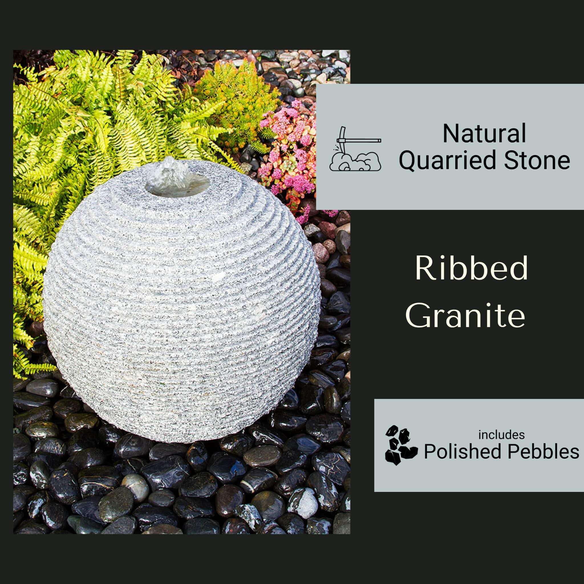 Gray Ribbed Granite Sphere Fountain - Complete Kit - Blue Thumb