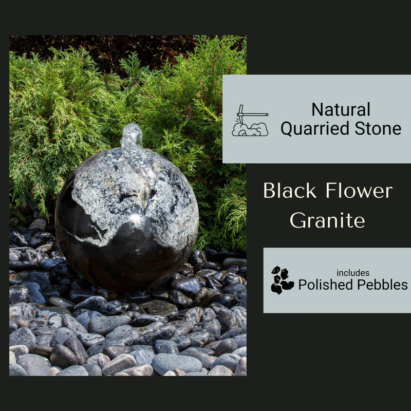 Black Flower Granite Sphere Fountain - Complete Kit - Blue Thumb