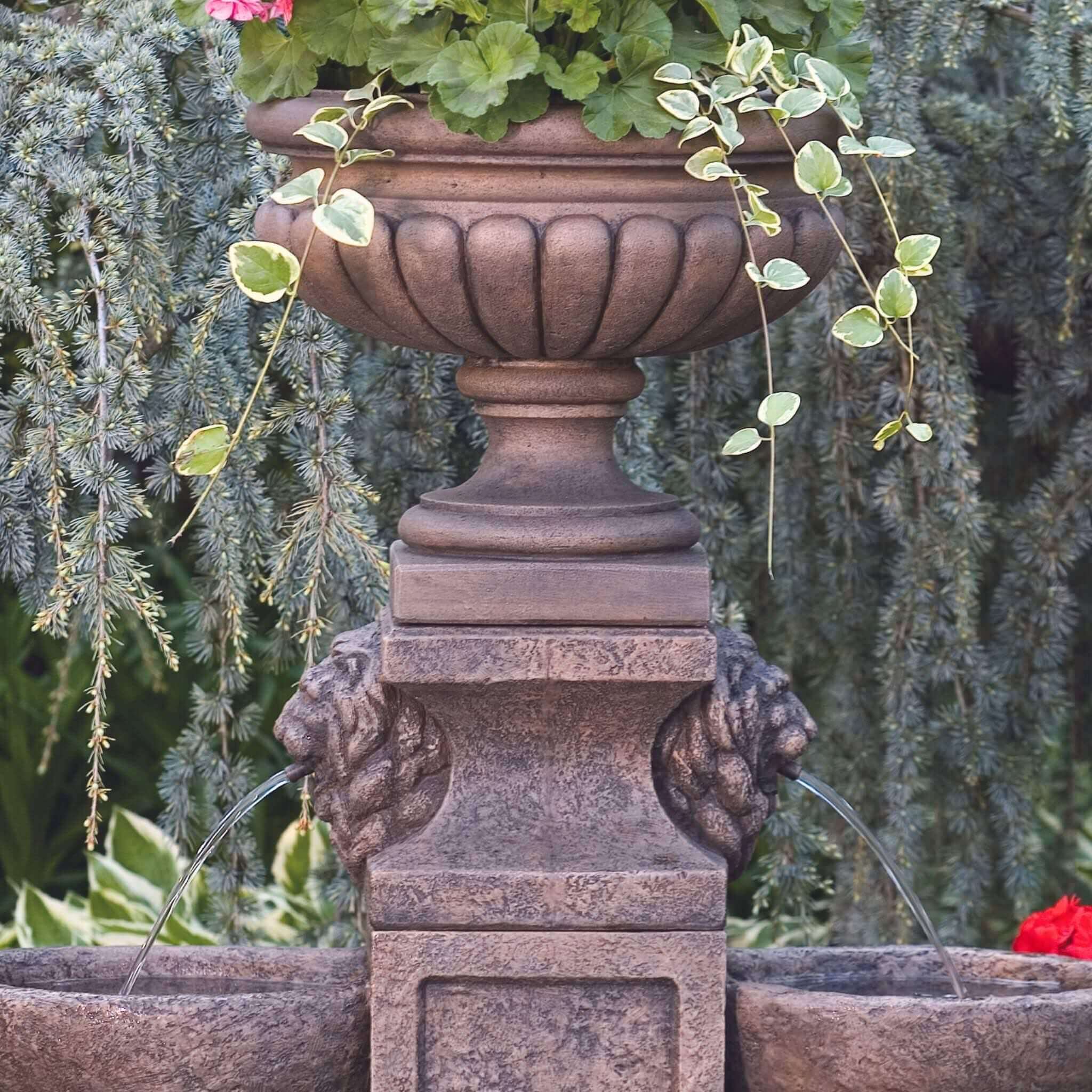 Lion Head 2-Bowl Concrete Fountain w/Milano Planter Urn - Massarellis #3527